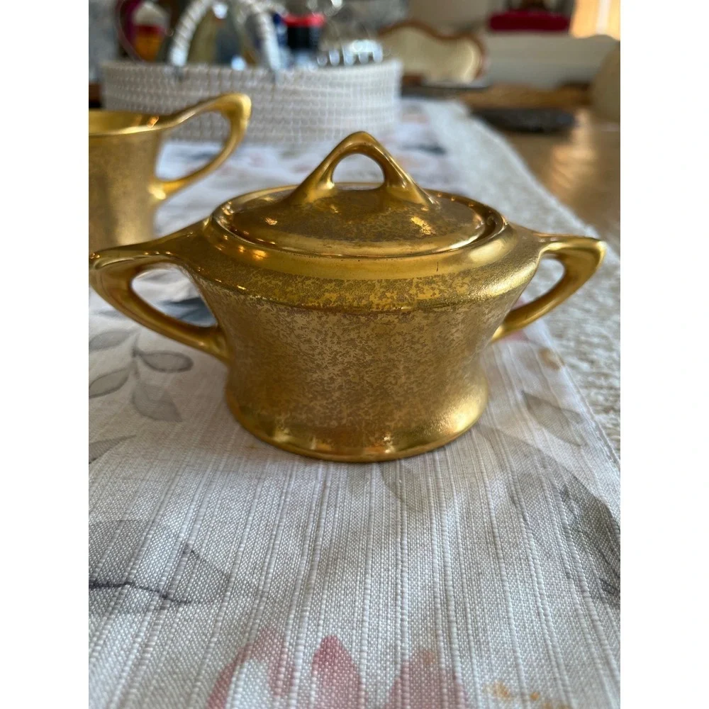 Vtg Fraunfelter Ohio China & Aw Steiner Creamer & Sugar Bowl w lid Weeping Gold